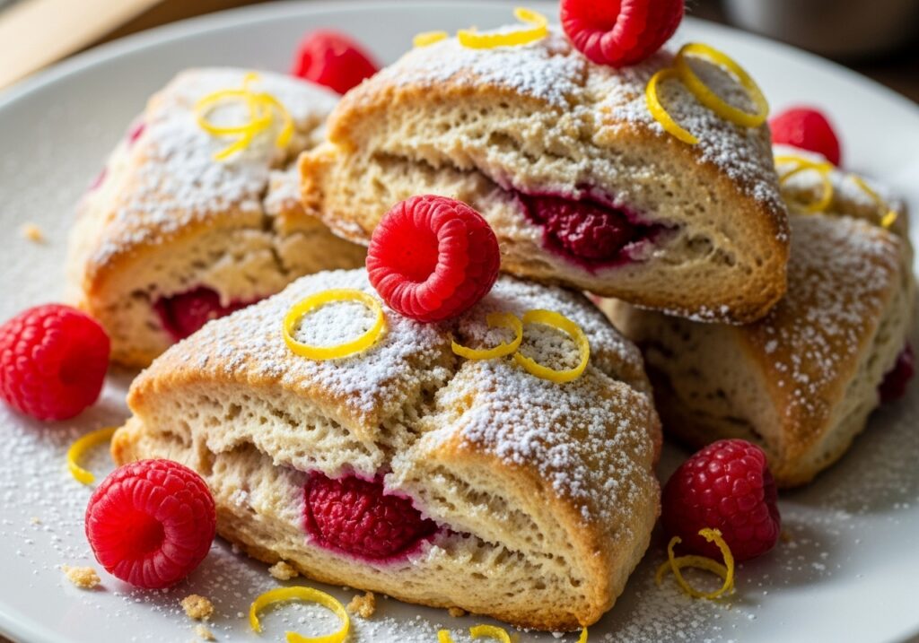 beautiful lemon raspberry scones lightly golden dusted with powdered sugar and garnished with fresh raspberries and lemon zest