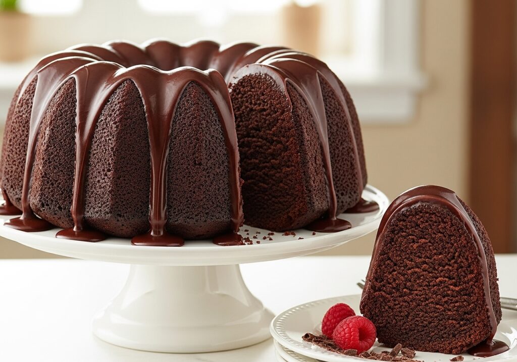 beautifully glazed moist chocolate bundt cake on a cake stand