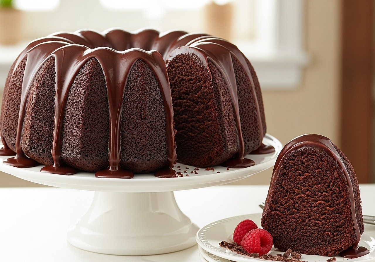 beautifully glazed moist chocolate bundt cake on a cake stand