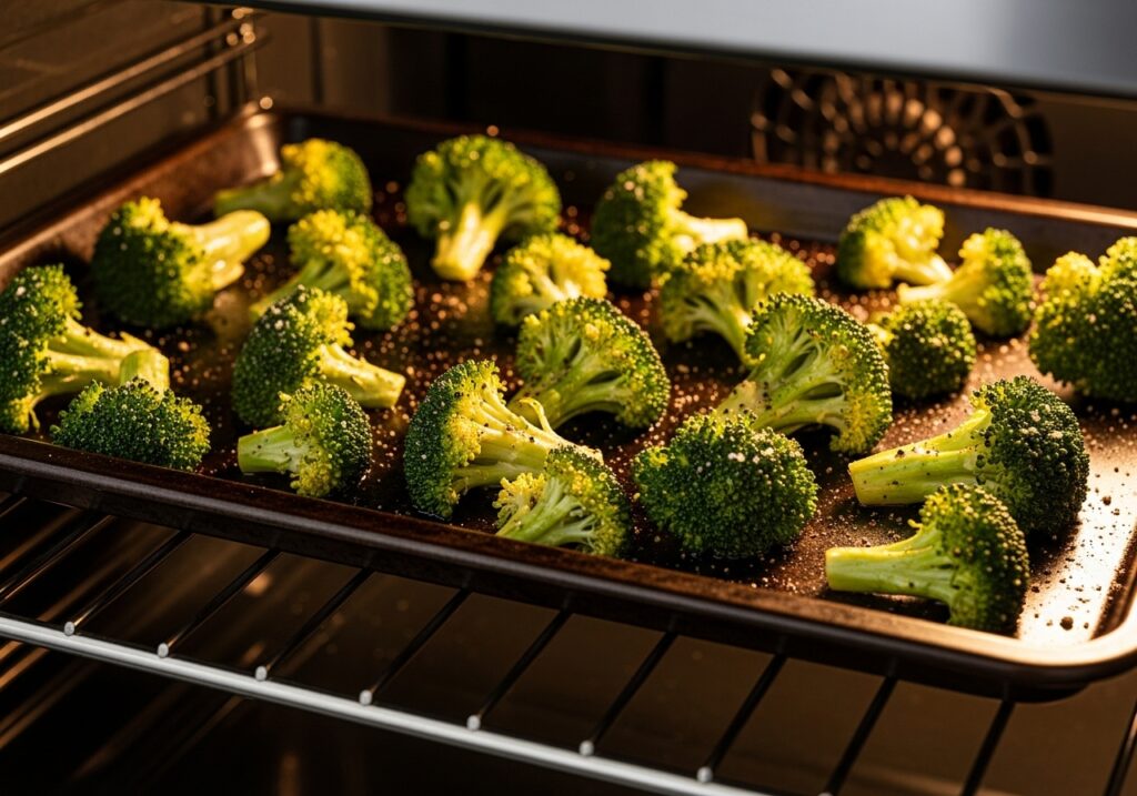 Broccoli florets mixed with olive oil, salt, and pepper then spread out on a baking sheet to roast.