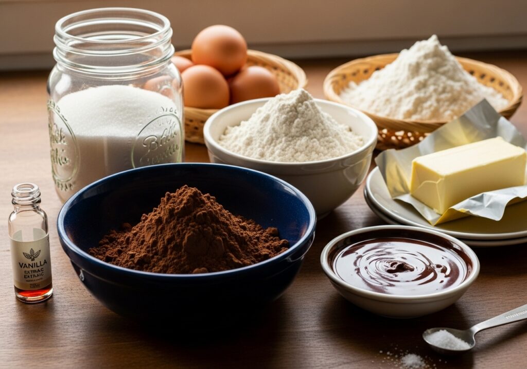 bundles of brownie ingredients unsweetened cocoa powder, sugar, flour, eggs, butter, melted dark chocolate, vanilla extract, salt.