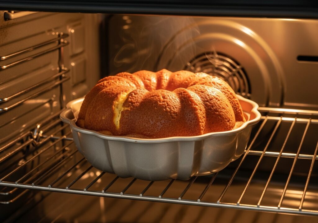 bundt cake baking in the oven