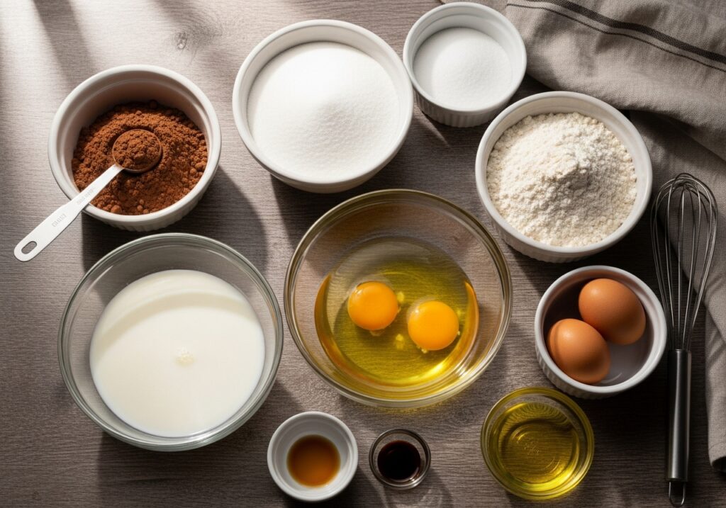 ingredients measured in bowls – cocoa powder, flour, sugar, eggs, buttermilk, oil, vanilla
