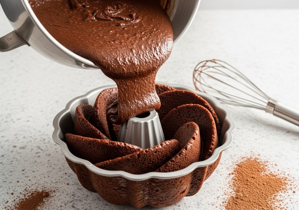 chocolate cake batter poured into a decorative bundt pan