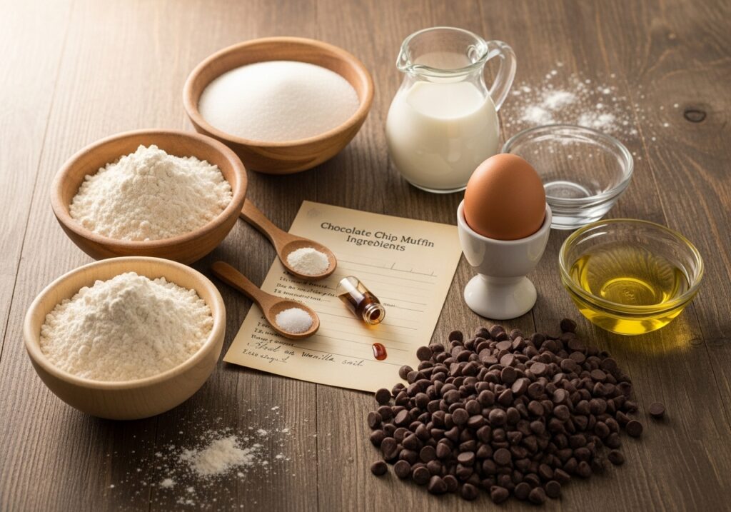 ingredients flour, sugar, baking powder, salt, milk, oil, egg, vanilla, and chocolate chips.