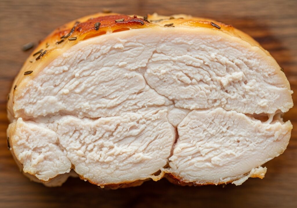 close up of a sliced baked chicken breast showing its moist and tender interior