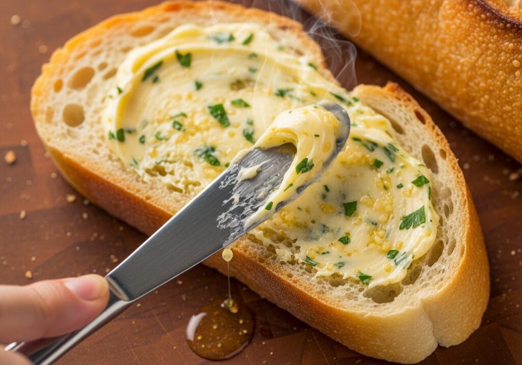 close up of garlic butter being generously spread onto a sliced loaf of french bread