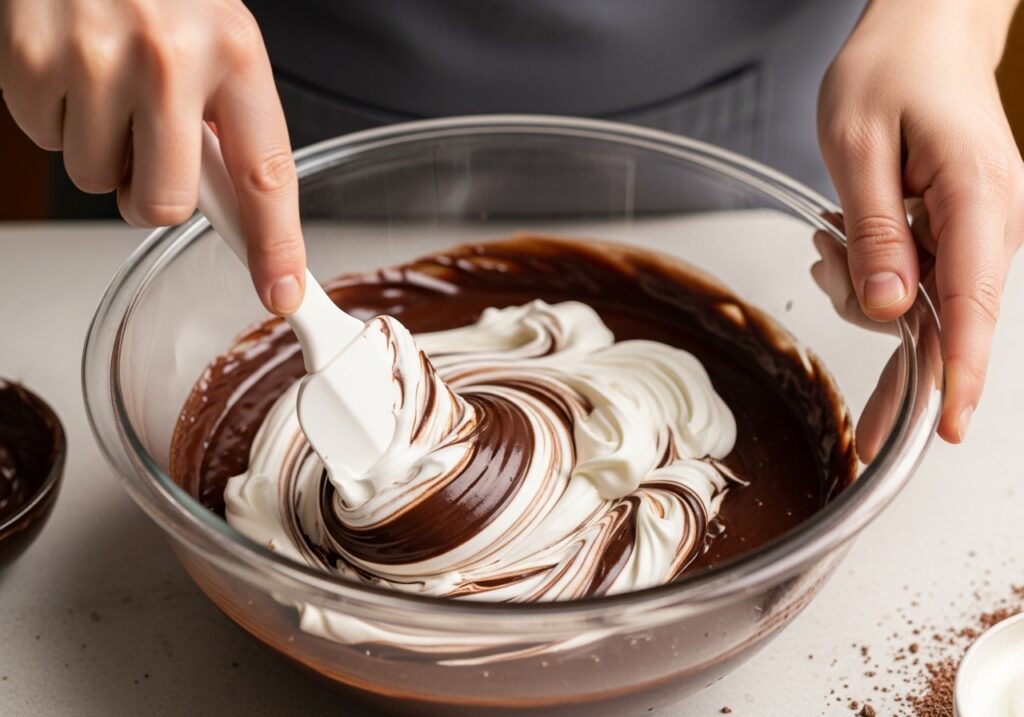 close up of hands gently folding whipped cream into a chocolate mixture for mousse