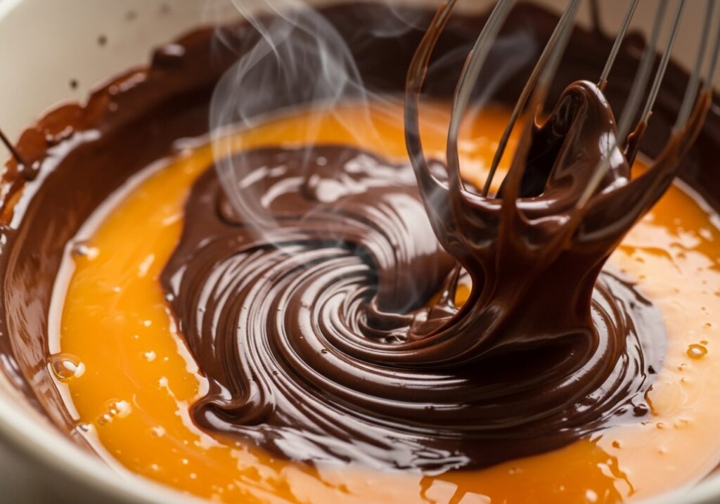 close up of melted chocolate being mixed into egg yolks for chocolate mousse
