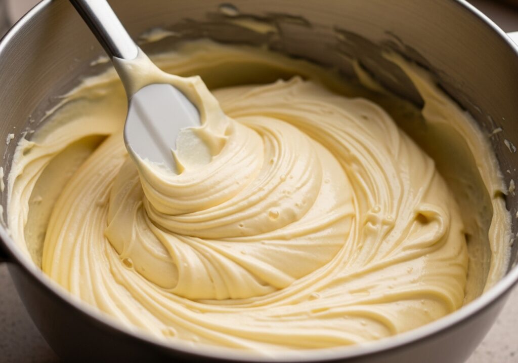 close up of the creamy cheesecake filling being gently folded together showcasing its smooth texture