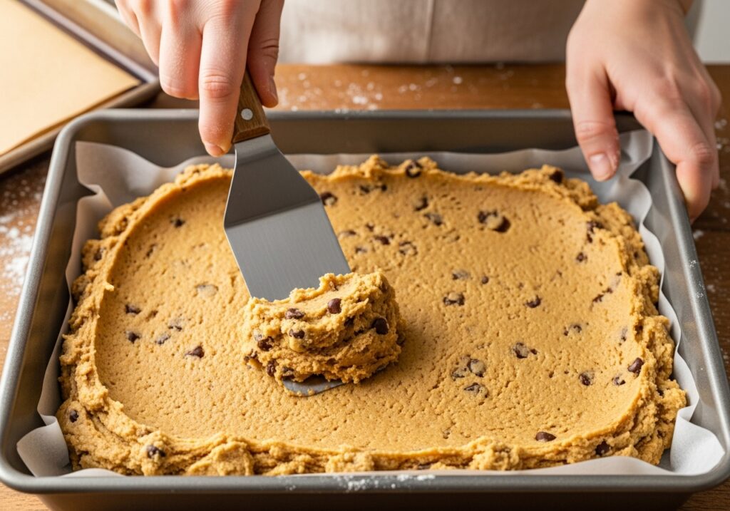 cookie dough being spread evenly into a 9x13 inch baking pan 1024x717