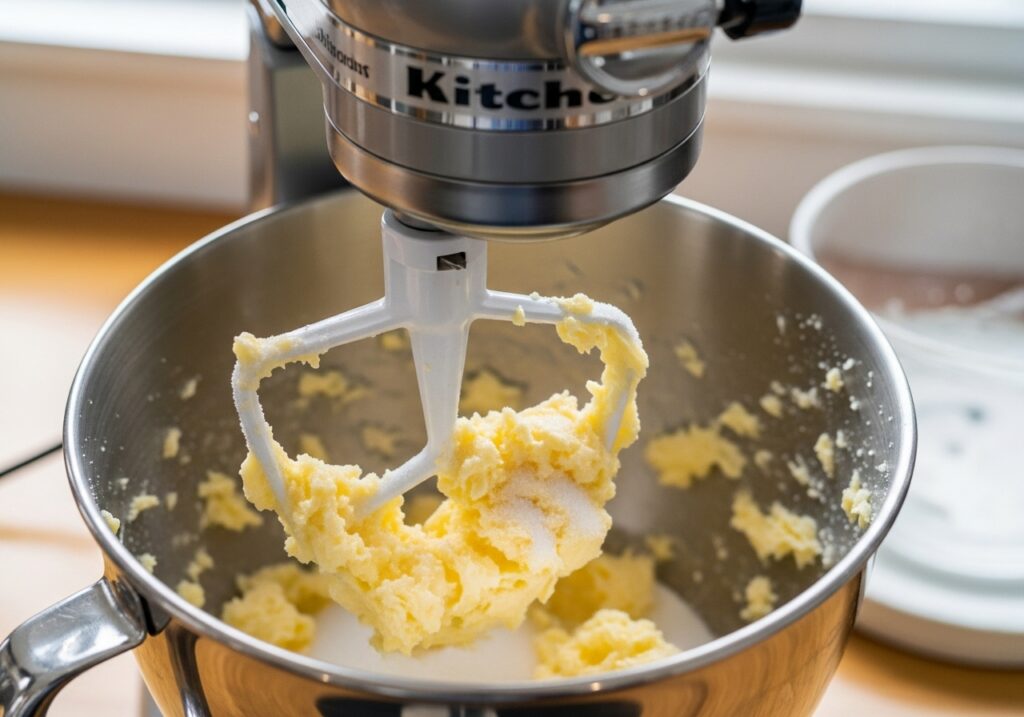 creaming butter and sugar together in a mixing bowl for sugar cookies.