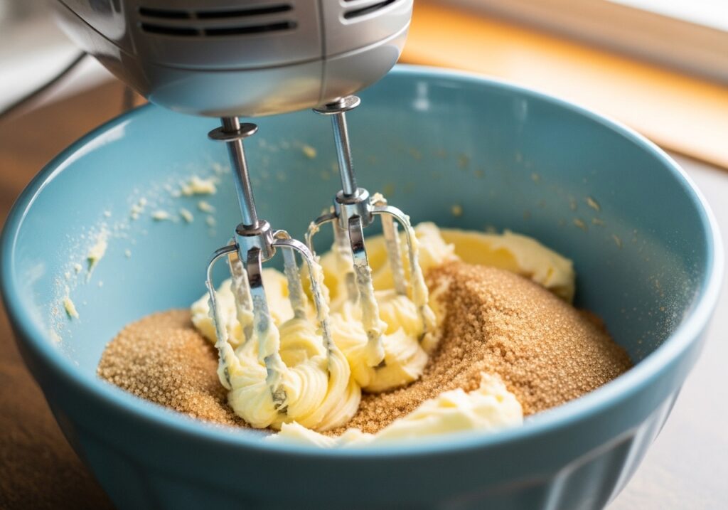 creaming softened butter and sugars together in a mixing bowl for chewy cookies