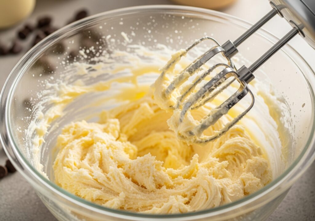 creamy butter and sugar mixture in a mixing bowl