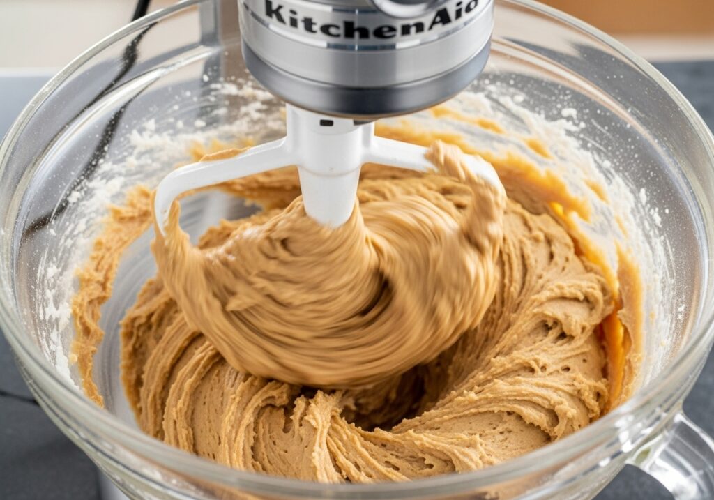 creamy cookie dough being mixed in a large bowl.