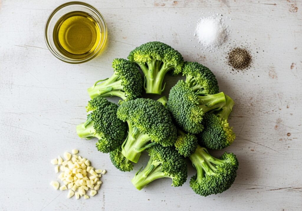 Ingridients: fresh broccoli florets, olive oil, salt, pepper, and chopped garlic.