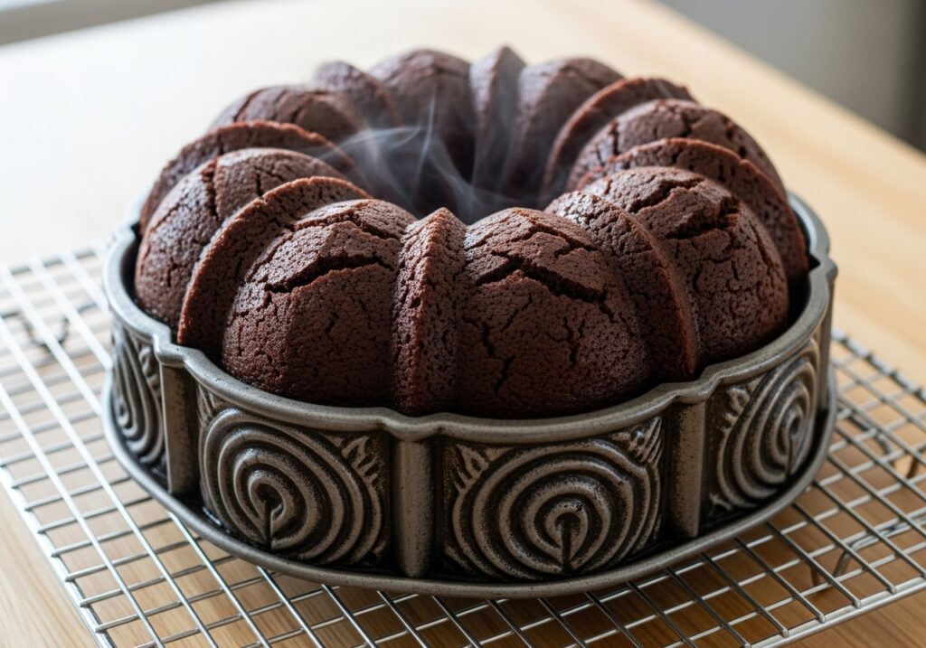 freshly baked chocolate bundt cake cooling in its intricate bundt pan on a wire rack