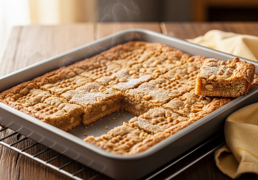freshly baked peanut butter cookie bars cooling in a 9x13 inch baking pan.