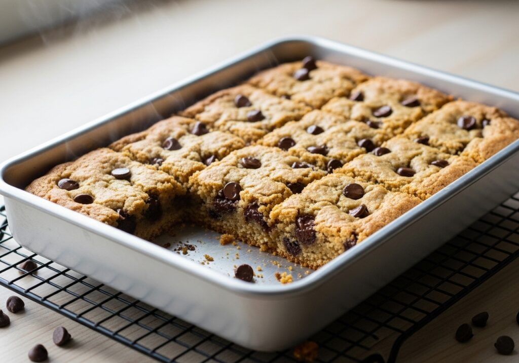 golden brown quick chocolate chip cookie bars cooling in a 9x13 inch baking pan on a wire rack 1024x717