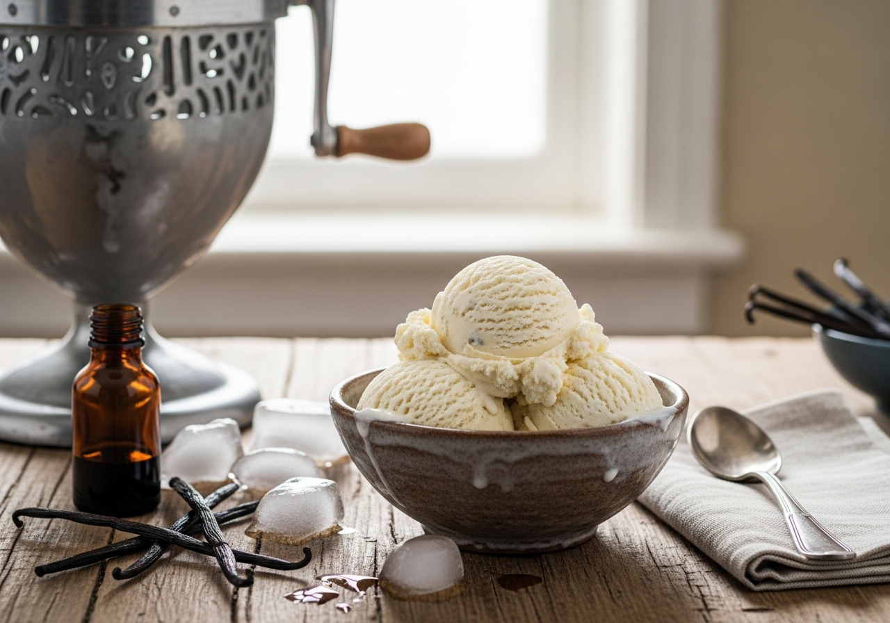 homemade ice cream base churned into creamy vanilla ice cream in a bowl.