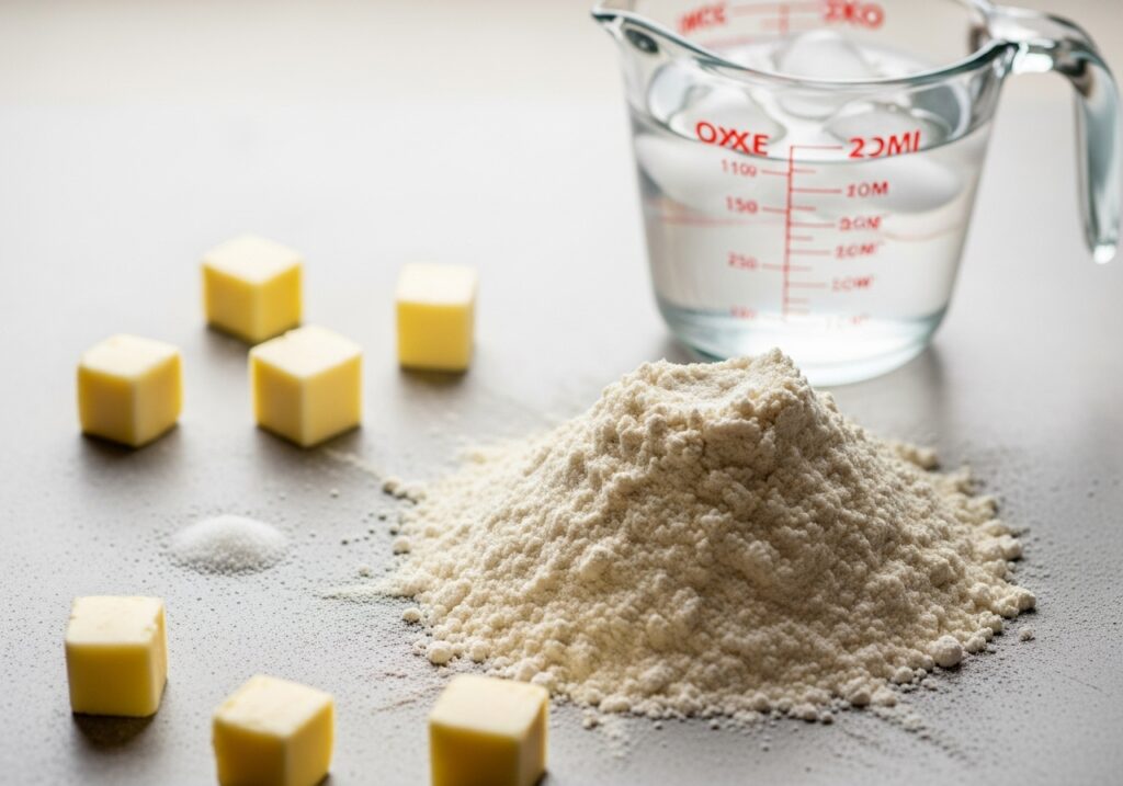 ingredients: flour, salt, cold butter cubes, and ice water