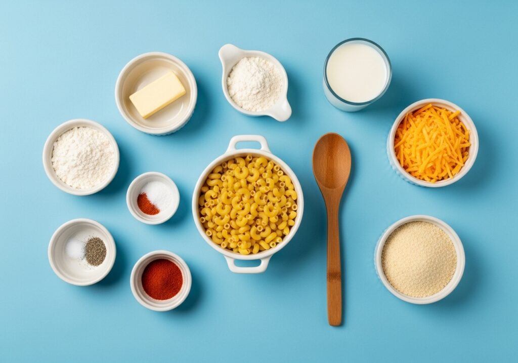 ingredients: macaroni butter flour milk salt pepper paprika shredded cheese and panko breadcrumbs