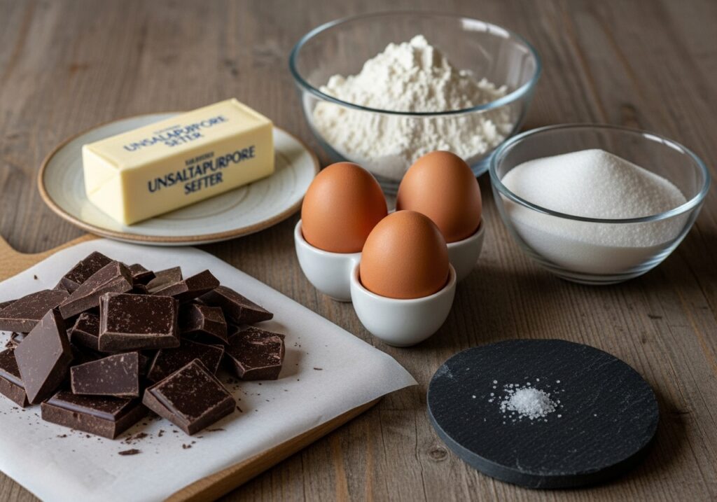 ingredients for chocolate lava cakes laid out butter chopped chocolate eggs sugar flour and salt