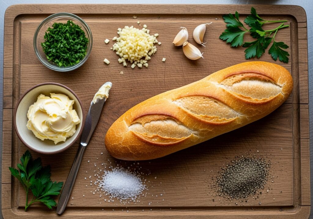 ingredients for homemade garlic bread a loaf of french bread softened butter minced garlic fresh parsley salt and pepper