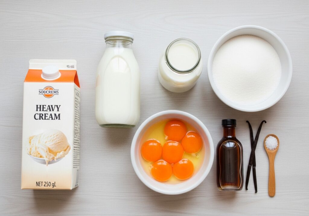 ingredients heavy cream, milk, sugar, egg yolks, vanilla, salt.