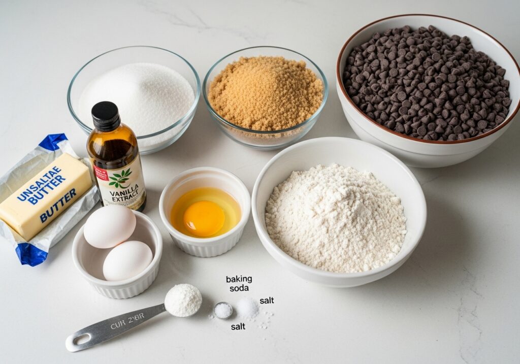 ingredients laid out on a counter butter sugars eggs vanilla flour baking soda salt and chocolate chips