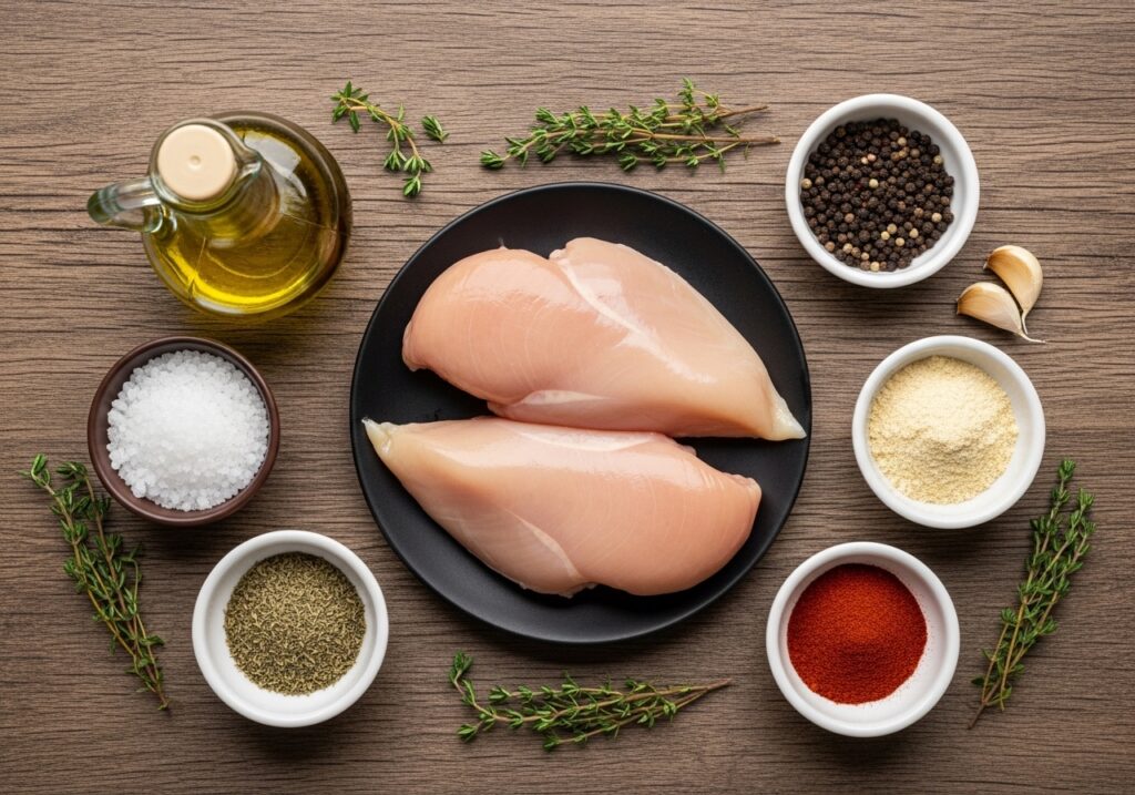 ingredients chicken breasts, olive oil, salt, pepper, garlic powder, paprika, thyme