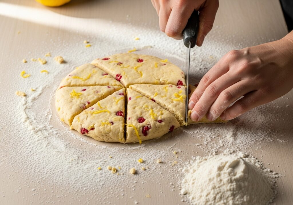 lemon raspberry scone dough being shaped and cut into wedges on a floured surface