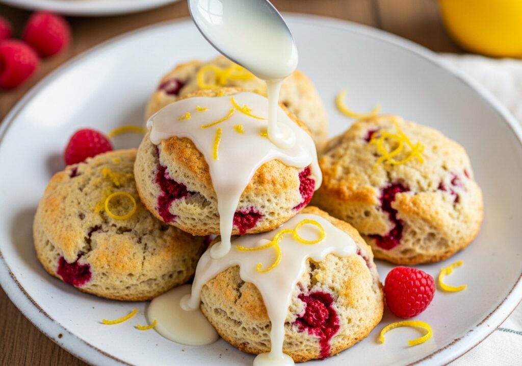 lemon raspberry scones being drizzled with a simple lemon glaze
