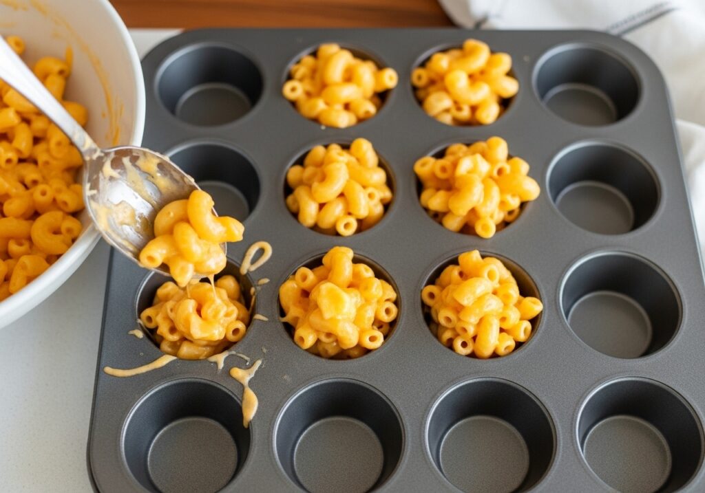 mac and cheese mixture being portioned into a mini muffin tin for baking