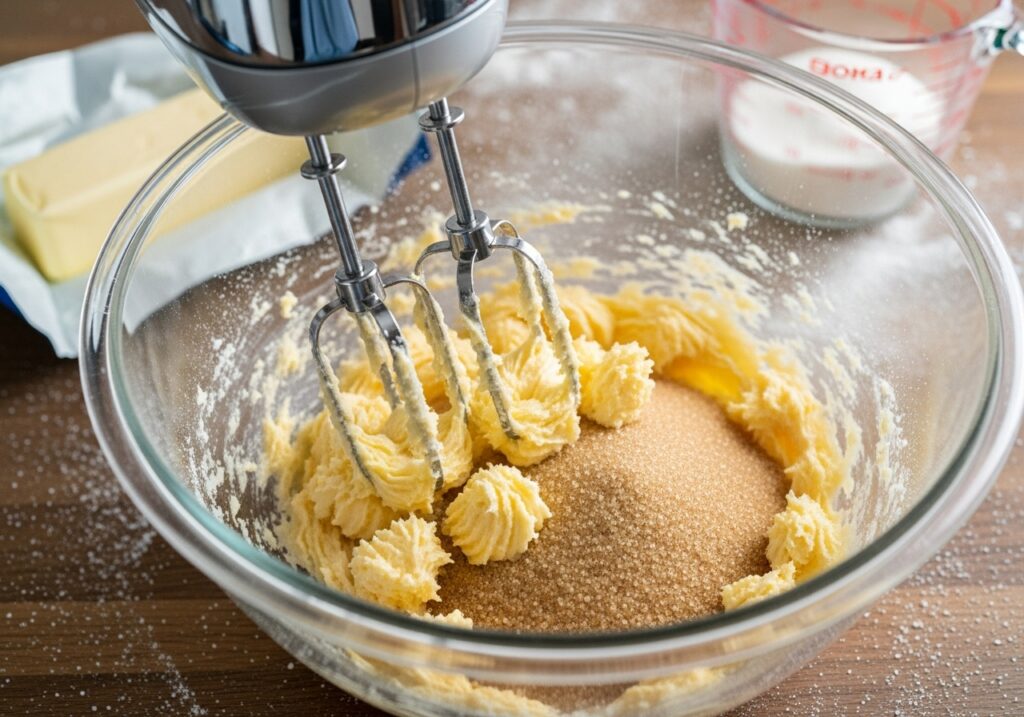 mixing butter and sugar for fudgy brownies in a large bowl.