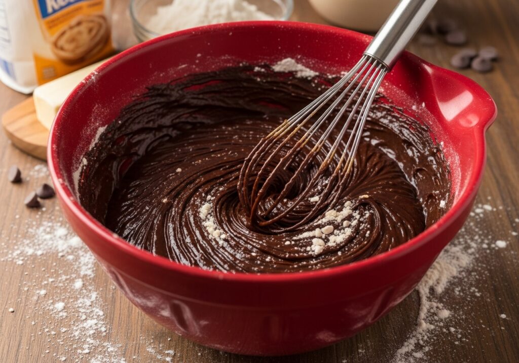 mixing chocolate batter in a large bowl