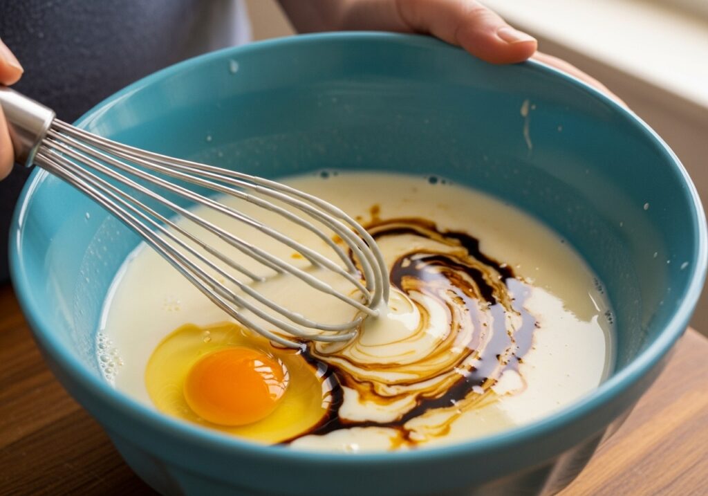 mixing in a bowl milk, oil, egg, vanilla.