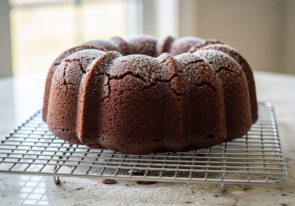 moist chocolate bundt cake cooling on a wire rack