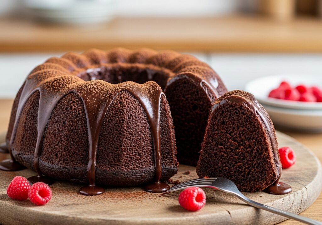 moist chocolate bundt cake topped with glossy ganache glaze
