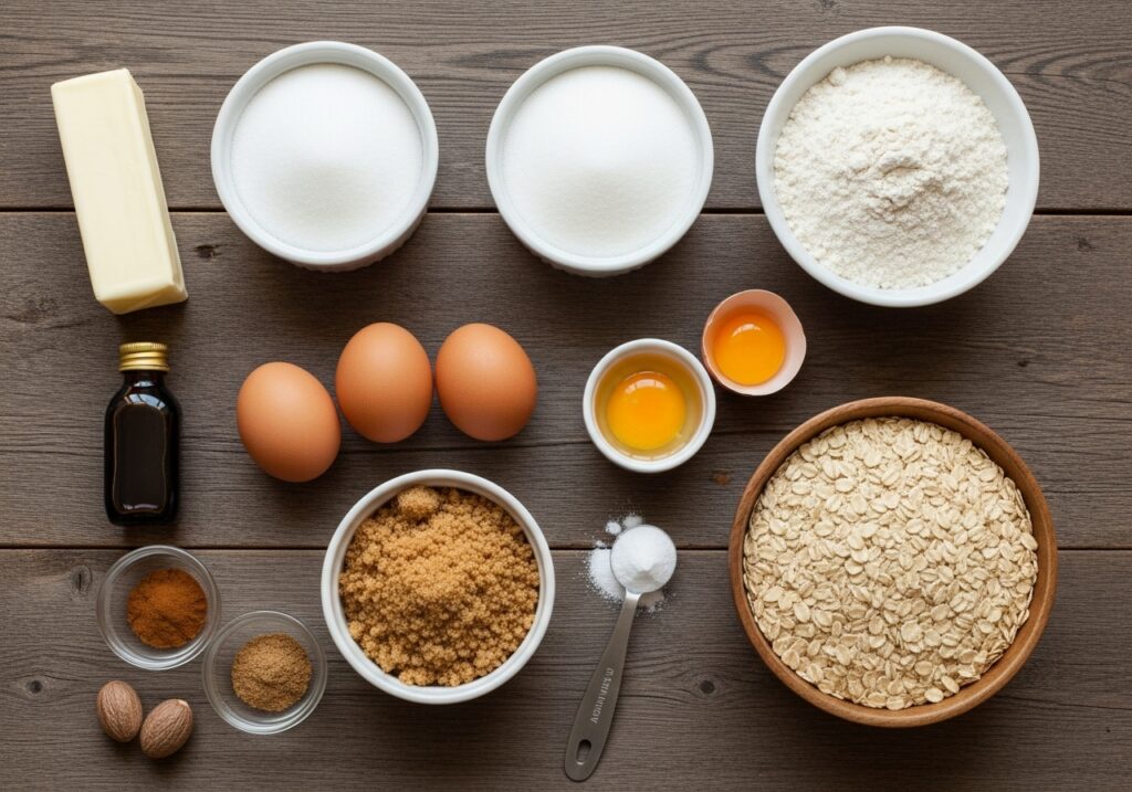 oatmeal cookie ingredients laid out butter sugars eggs flour oats vanilla and spices