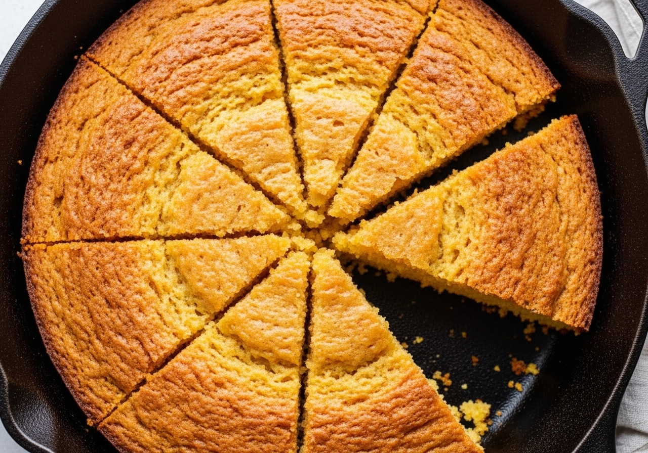 overhead view of golden brown classic cornbread baked in a cast iron skillet sliced and ready to serve