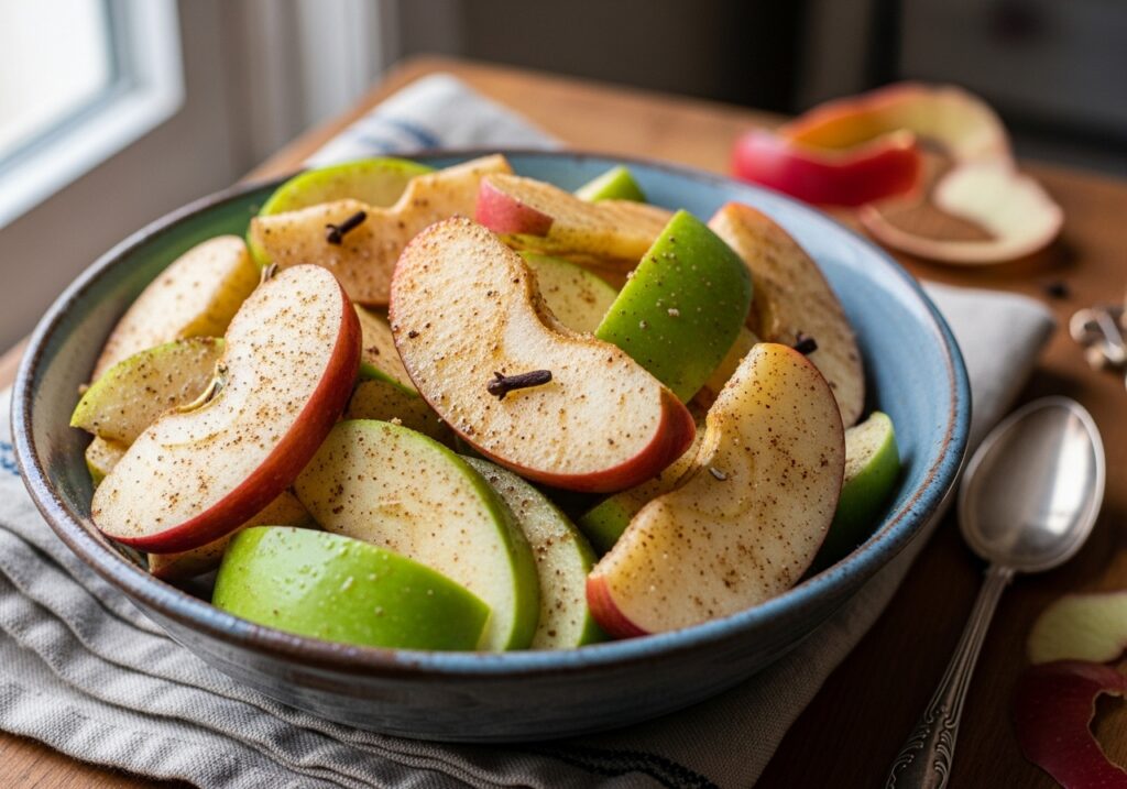 peeled and sliced apples ready for pie filling, tossed with spices