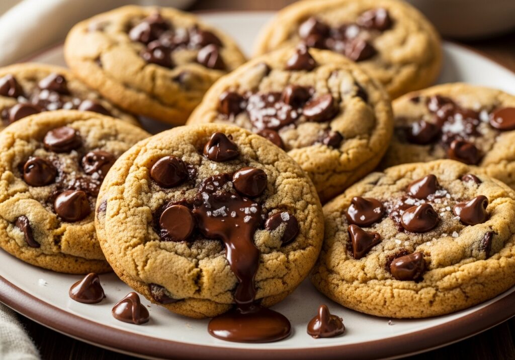 plate of perfectly baked classic chocolate chip cookies with melted chocolate chips