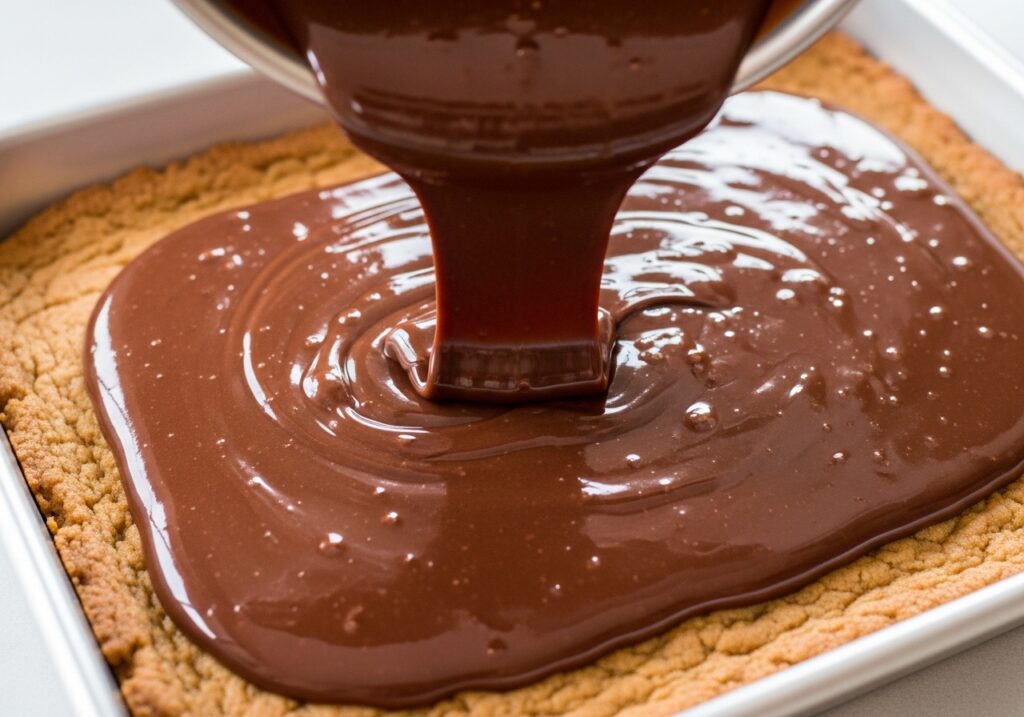 pouring a smooth chocolate layer in a baking pan.