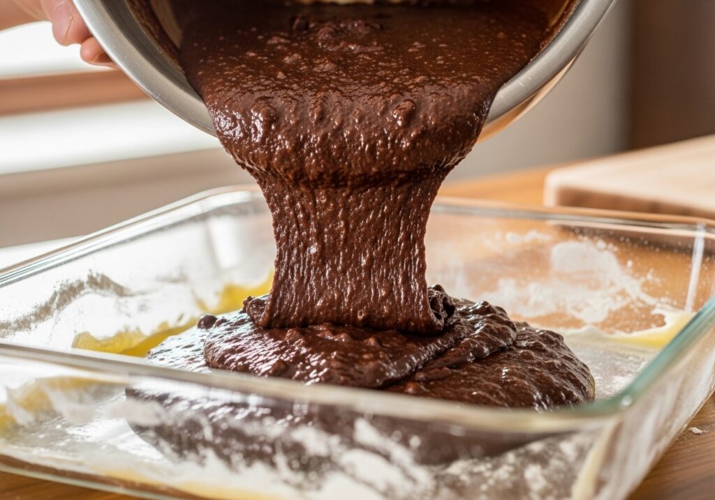 pouring brownie batter into a prepared 9x13 inch baking pan.