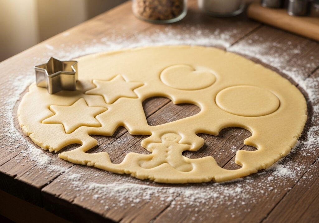 rolled out sugar cookie dough with cut out shapes ready for baking.