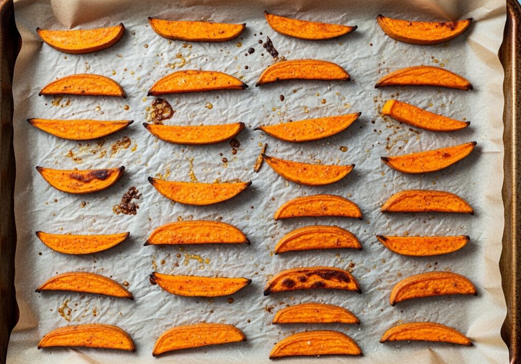 seasoned sweet potato fries arranged in a single layer on a parchment lined baking sheet