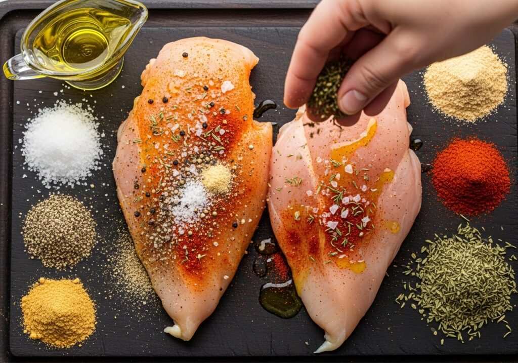 seasoning chicken breasts with olive oil, salt, pepper, garlic powder, paprika, and thyme
