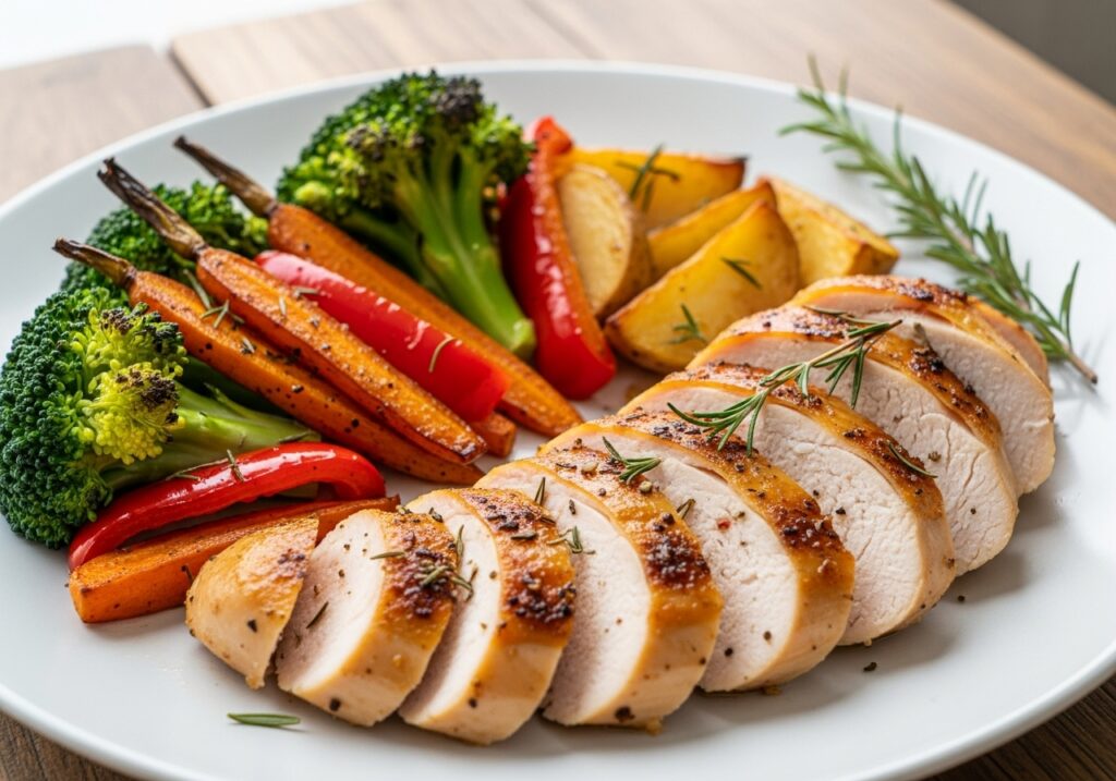 sliced baked chicken breast served with a side of roasted vegetables for a healthy meal