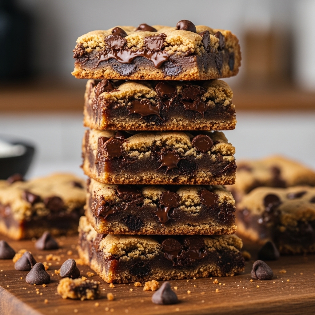 stack of delicious quick chocolate chip cookie bars cut into squares with visible chocolate chips 1